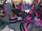 3boys absurdres arms_up bdsm black_shirt black_socks blonde_hair blue_hair bondage bound claws closed_mouth commentary crescent_(cgcrescent) crossed_bangs double-parted_bangs english_commentary finger_in_another's_mouth flins_(genshin_impact) genshin_impact gradient_hair grey_pants hand_on_another's_chest hand_on_another's_thigh highres male_focus multicolored_hair multiple_boys open_mouth pants rerir_(genshin_impact) shirt socks spread_legs tentacles tongue tongue_out varka_(genshin_impact) white_hair yaoi yellow_eyes rating:s score:2 post #10174630