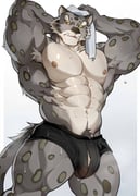 1boy abs ao_(chung0u0) armpit_hair armpits arms_up bara biceps black_male_underwear boxers bulge commentary drying drying_hair drying_own_hair english_commentary fangs furry furry_male highres kung_fu_panda looking_at_viewer male_focus male_underwear muscular muscular_male navel nipples open_mouth pectorals penis penis_peek snow_leopard_boy snow_leopard_ears snow_leopard_tail spotted_fur tai_lung topless_male underwear wet white_background rating:e score:4 post #10055409