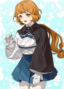1girl blue_background blue_cloak blue_skirt breasts brown_eyes brown_hair cloak clover_background commentary_request gloves highres kanmiya_shinobu kantai_collection long_hair long_sleeves looking_at_viewer ootomari_(kancolle) orange_hair pantyhose pleated_skirt shirt skirt smile solo white_pantyhose white_shirt rating:g score:6 post #9705664