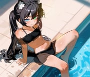 1girl absurdres animal_ear_fluff animal_ears barefoot bikini black_bikini black_hair blue_eyes blush cat_ears cat_girl cat_tail closed_mouth collarbone commentary english_commentary green_eyes hepari heterochromia highres long_hair looking_at_viewer navel off-shoulder_bikini off_shoulder original poolside sitting smile soaking_feet solo swimsuit tail twintails twitter_username water rating:s score:16 post #10121418