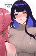 2girls absurdres alternate_costume animal_ears arnkun bare_shoulders blue_hair breasts colored_inner_hair earrings english_commentary english_text eyeshadow fox_ears fox_girl gem genshin_impact gold_earrings grey_sweater half-closed_eyes highres jewelry large_breasts long_hair long_sleeves looking_at_another makeup mole mole_under_eye multicolored_hair multiple_girls nervous pink_hair pink_lips purple_eyes purple_gemstone purple_hair raiden_shogun red_eyeshadow shirt simple_background single_sidelock sleeveless sleeveless_shirt speech_bubble sweat sweater teeth turtleneck turtleneck_shirt turtleneck_sweater upper_body white_background white_shirt yae_miko rating:s score:4 post #10175950
