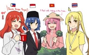 4girls :d ^_^ absurdres ahoge alternate_costume arms_behind_back badge black_necktie blonde_hair blue_hair bocchi_the_rock! branch brand_name_imitation business_suit closed_eyes coffee_mug commentary cup detached_ahoge dual_wielding english_commentary english_text eyes_visible_through_hair filipino_text flag flying_sweatdrops formal_clothes gotoh_hitori hair_between_eyes hair_ornament hairclip hat highres hinghoi holding holding_branch holding_cup ijichi_nijika indonesia indonesian_flag jacket jingasa kessoku_band kita_ikuyo leaf logo_parody long_hair long_sleeves looking_at_viewer medium_hair mole mole_under_eye mug multiple_girls necktie nescafe one_side_up orange_eyes parted_bangs philippine_flag philippines pink_hair pink_jacket politics red_hair shirt short_sleeves side_ponytail sidelocks smile songkok steam suit sweatdrop tagalog_text temperature thai_flag thailand thermometer track_jacket translated turtleneck turtleneck_jacket vietnam vietnamese_flag whistle whistle_around_neck white_background white_shirt yamada_ryo yellow_eyes yellow_shirt zipper rating:g score:46 post #6294047
