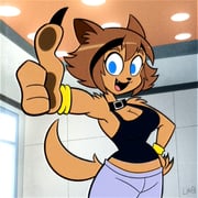 1girl :3 animal_ears belt_collar black_headband black_nails black_tank_top blue_eyes breasts brown_hair cleavage collar commentary cowboy_shot dog_ears dog_girl dog_tail english_commentary fang fingernails furry furry_female grey_shirt headband highres indoors lolwutburger looking_at_viewer medium_breasts midriff monster_musume_no_iru_nichijou open_mouth polt sharp_fingernails shirt short_hair solo tail tank_top thumbs_up toon_(style) wristband rating:s score:9 post #9753962