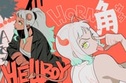 1boy 1girl alternate_hairstyle alternate_skin_color aqua_hair arm_tattoo arm_up bare_arms bare_shoulders bead_necklace beads black_coat black_hair blunt_bangs breasts chest_sarashi coat collarbone colored_skin crack crossover demon demon_girl demon_horns demon_tail english_text eyelid_pull furry hair_tie hellboy_(comic) highres horns jewelry long_hair looking_at_viewer medium_breasts necklace nyan_2020 one_piece oni open_clothes open_coat out_of_frame outline ponytail portgas_d._ace red_horns red_outline red_skin sarashi shirt short_hair sleeveless small_horns tail tattoo tongue white_hair white_shirt yamato_(one_piece) yellow_pupils rating:g score:2 post #10174298