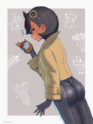 1girl absurdres ampharos ass black_bodysuit black_gloves black_hair bodysuit bodysuit_under_clothes border brown_jacket commentary cowboy_shot cowlick dark-skinned_female dark_skin emma_(pokemon) espurr from_behind gloves hair_between_eyes hair_ornament hand_up highres holding holding_poke_ball jacket latex latex_bodysuit long_sleeves looking_at_viewer lopunny lucario malamar mawile notice_lines orange_gloves oyasumi_(sleepingnes1) parted_lips poke_ball poke_ball_(basic) pokemon pokemon_(creature) pokemon_legends:_z-a profile purple_eyes short_hair sidelocks signature solo_focus standing swept_bangs two-tone_gloves white_border rating:s score:17 post #10173034