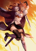 1girl armor black_skirt black_thighhighs breastplate cape celica_(fire_emblem) fire_emblem fire_emblem_echoes:_shadows_of_valentia fujikawa_akira headband highres holding holding_sword holding_weapon orange_eyes orange_hair red_eyes red_hair skirt solo sword thighhighs thighs tiara weapon white_armor white_cape rating:g score:4 post #10172981