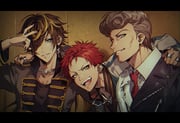 3boys aimono_jyushi amaguni_hitoya arm_around_shoulder bad_ass_temple black_hair black_nails black_shirt blonde_streaks blue_eyes chain chain_necklace ear_piercing earrings eyeshadow facial_hair fang grey_hair grey_jacket hair_over_one_eye harai_kuko hypnosis_mic jacket jewelry leather leather_jacket looking_at_viewer makeup male_focus mondaba multicolored_hair multicolored_jacket multiple_boys necklace necktie piercing pompadour red_eyeshadow red_hair red_necktie ring shirt smile smirk two-tone_hair two-tone_jacket upper_body white_jacket yellow_eyes yellow_trim rating:g score:0 post #10175962