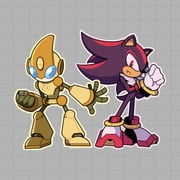 1boy 1other clenched_hand emerl_(sonic) fang full_body furry furry_male gloves grey_background highres humanoid_robot marscarhime outline red_eyes robot shadow_the_hedgehog sonic_(series) sonic_battle standing white_gloves white_outline yellow_outline rating:g score:6 post #8797580