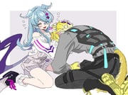 1boy 1girl animal_ears blonde_hair blue_hair blue_nails blush dog_ears dog_tail elira_pendora elira_pendora_(1st_costume) fang head_wings headpat kneeling nail_polish nijisanji nijisanji_en npppiyo sonny_brisko sonny_brisko_(1st_costume) tail virtual_youtuber wings rating:g score:3 post #10133062