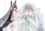 2girls absurdly_long_hair absurdres alternate_costume animal_ear_fluff animal_ears artist_name ass azur_lane back bare_shoulders black_hair blue_butterfly blue_eyes bow breasts bridal_veil bride brown_eyes bug butterfly choker cleavage closed_mouth commentary_request dark-skinned_female dark_skin dishwasher1910 double-parted_bangs dress empire_waist facial_mark facing_viewer floppy_ears fox_ears fox_girl fox_tail garter_straps gown grey_hair halter_dress halterneck hands_up highres large_breasts layered_dress long_hair long_sleeves long_veil looking_at_viewer looking_back looking_to_the_side mandarin_collar multiple_girls musashi_(azur_lane) no_tail parted_lips see-through_clothes see-through_dress see-through_veil shawl shinano_(azur_lane) sideboob simple_background smile standing tail tan translucent veil very_long_hair w_arms waist_bow wedding_dress whisker_markings white_background white_bow white_choker white_garter_straps white_shawl rating:q score:38 post #10172530