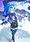 1girl black_boots black_gloves black_hairband blue_cape blue_hair blue_necktie boots breasts cape commentary crossed_legs eula_(genshin_impact) floating_cape genshin_impact gloves hair_ornament hairband high-waist_shorts highres large_breasts light_particles looking_at_viewer medium_hair necktie outstretched_arms purple_eyes schop shorts side_cape smile solo symbol-only_commentary thigh_boots vision_(genshin_impact) watson_cross white_sleeves wide_sleeves rating:g score:7 post #10176807