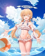 1girl ;d absurdres ball bare_shoulders beachball bikini blue_archive blue_sky blush breasts brown_hair cloud collarbone commentary cowboy_shot cumulonimbus_cloud day frilled_bikini frills hair_ornament hair_ribbon halo halterneck happy hifumi_(blue_archive) hifumi_(swimsuit)_(blue_archive) highres juice_gukbap lens_flare long_hair looking_at_viewer low_twintails navel ocean official_alternate_costume one_eye_closed open_mouth outdoors outstretched_hand ribbon ribbon-trimmed_bikini ribbon_trim round_teeth ruffle_bikini shiny_skin sky small_breasts smile solo stomach swimsuit teeth thighs twintails upper_teeth_only very_long_hair wading water white_bikini white_ribbon wing_hair_ornament winged_halo yellow_eyes yellow_halo rating:s score:2 post #10175784