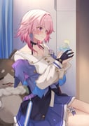 1girl absurdres black_overskirt blue_skirt blush bra_strap buttons choker commentary_request cup drinking_glass earrings flower food fruit gloves highres holding holding_cup honkai:_star_rail honkai_(series) indoors jacket jewelry lemon lemon_slice long_sleeves march_7th_(honkai:_star_rail) march_7th_(preservation)_(honkai:_star_rail) medium_hair memeiradesuyo multicolored_eyes multicolored_jacket off-shoulder_jacket off_shoulder partially_fingerless_gloves pink_hair pleated_skirt pom-pom_(honkai:_star_rail) shirt single_earring skirt smile stuffed_toy thighs two-tone_eyes two-tone_jacket white_shirt rating:s score:9 post #10172450