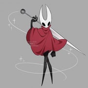 1girl absurdres arm_at_side arthropod_girl clenched_hand cloak crossed_legs fewer_digits full_body grey_background hand_up highres holding holding_weapon hollow_eyes hollow_knight horned_mask hornet_(hollow_knight) kageimo looking_at_viewer mask needle_(hollow_knight) no_mouth over_shoulder paper_texture red_cloak simple_background solo sparkle twintails twitter_username watermark weapon weapon_over_shoulder white_mask rating:g score:2 post #10169378