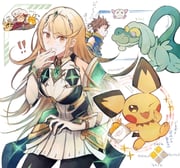 azurda_(xenoblade) bare_shoulders black_pantyhose blonde_hair breasts burger chest_jewel core_crystal_(xenoblade) cowboy_shot dedenne drampa dress earrings food highres jewelry large_breasts leaf_(esabacoo) long_hair microdress mythra_(massive_melee)_(xenoblade) mythra_(xenoblade) pantyhose pichu pokemon pokemon_(creature) poppi_(xenoblade) poppi_alpha_(xenoblade) rex_(xenoblade) tora_(xenoblade_2) white_dress xenoblade_chronicles_(series) xenoblade_chronicles_2 rating:g score:6 post #10166971