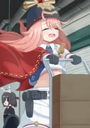 2girls absurdres azur_lane bandaid bandaid_on_face black_gloves black_hair black_kimono blue_necktie box capelet cardboard_box chain closed_eyes collared_shirt commentary_request custodian_helmet gallant_(azur_lane) gloves gun handgun happy hat helmet highres holster japanese_clothes kimono long_hair midriff multiple_girls necktie pink_hair police police_hat police_uniform policewoman red_capelet shiranui_(azur_lane) shirt skirt super_mizow triangle_mouth weapon whistle whistle_around_neck white_shirt white_skirt rating:s score:5 post #10038457