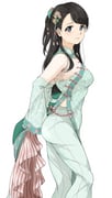1girl ao_dai black_hair blue_eyes breasts dress flower gatsby_ssl hair_flower hair_ornament half_updo highres idolmaster idolmaster_cinderella_girls kurihara_nene long_hair medium_breasts midriff midriff_peek one_side_up rating:g score:5 post #10140711