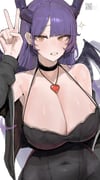 artist_name azz0422 bare_shoulders black_cardigan black_choker blunt_bangs breasts cardigan choker cleavage covered_navel demon_girl demon_horns demon_wings dress earrings eyelashes heart heart_necklace highres horns huge_breasts impossible_clothes impossible_dress jewelry lips long_hair looking_at_viewer narrowed_eyes necklace open_cardigan open_clothes orange_hair original parted_bangs purple_hair qr_code raised_eyebrows sidelocks simple_background smile spaghetti_strap sparkle standing swept_bangs tight_clothes tight_dress v white_background wings zipper rating:s score:9 post #10172808