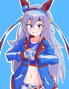 absurdres animal_ears belt blue_hairband blue_jacket blue_sports_bra crop_top ear_covers ear_ornament fingerless_gloves gloves grey_tail hairband haniiders headband highres horse_ears horse_girl horse_tail jacket lightning_bolt_print lightning_bolt_symbol pants red_belt red_headband sports_bra striped_clothes striped_hairband tail tamamo_cross_(umamusume) tamamo_cross_(with_lightning_speed)_(umamusume) umamusume umamusume:_cinderella_gray white_pants rating:s score:6 post #10166387