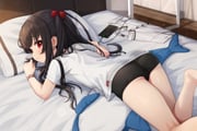 1girl absurdres ass black_hair cellphone commentary comodox english_commentary hair_bobbles hair_ornament highres indoors long_hair looking_at_viewer lulla_(comodox) lying on_stomach original paid_reward_available phone pillow red_eyes shirt short_sleeves solo white_shirt rating:s score:2 post #10175937