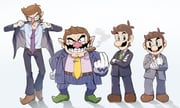 4boys belt blue_eyes brothers brown_hair commentary_request crossed_arms dress_shirt dressing facial_hair formal_clothes full_body gloves highres jacket luigi male_focus mario mario_(series) multiple_boys mustache necktie pinstripe_pattern pinstripe_suit red_necktie shirt shoes siblings simple_background striped_necktie suit suit_jacket waluigi wario white_background white_gloves yamari_(ya_mari_6363) rating:g score:7 post #9924548