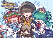 3girls ahoge aqua_dress aqua_hair asevi_andromeda_kushinada belt blue_background blue_bow blush_stickers bow bowtie brown_belt brown_gloves brown_hair brown_hat brown_shirt campaign_hat cropped_shirt crown dress duel_masters fal0811 gloves green_hair grid_background hair_bow hair_ornament hair_over_eyes hand_grab hat highres holding_hands kiyuri_(duel_masters) long_hair mermaid monster_girl multicolored_hair multiple_girls navel neckerchief notice_lines official_art open_mouth orange_hair orange_neckerchief pomirin_(duel_masters) reaching reaching_towards_viewer red_bow red_bowtie red_hair red_trim shirt signature skirt sparkle teeth translation_request upper_teeth_only white_gloves white_skirt rating:g score:1 post #9988573