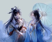 2girls bare_shoulders black_dress black_hair blue_hanfu blue_robe blue_umbrella bow-shaped_hair bush chinese_clothes chinese_commentary closed_mouth cnderg cowboy_shot curtained_hair dress earrings expressionless facial_mark feather_trim forehead_jewel forehead_mark gem green_background hair_ornament hair_stick hanfu highres holding holding_umbrella hua_yi_shanxin_zhiyue jewelry long_hair long_sleeves looking_at_another multiple_girls nail_polish offering_hand oil-paper_umbrella parted_bangs pom_pom_(clothes) pom_pom_earrings pom_pom_hair_ornament qixiong_ruqun red_dress red_gemstone red_lips red_nails robe see-through_cleavage see-through_clothes simple_background sleeveless sleeveless_dress smile tassel tassel_earrings topknot two-tone_dress umbrella umbrella_over_shoulder wei_yang white_dress white_robe wide_sleeves yellow_eyes yuri zhao_yang rating:g score:1 post #10168892
