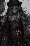 1girl absurdres arknights backlighting black_dress black_hat bleeding blood blood_in_hair blood_on_clothes blood_on_face blood_on_hands blood_on_weapon capotain chuhaibane circular_saw clear_sky cloak closed_mouth colored_skin commentary_request cowboy_shot crazy_eyes cross cross_necklace day dress glowing glowing_eyes grey_background grey_hair grey_sky hair_between_eyes hand_on_own_stomach hand_up hat highres holding holding_weapon injury jewelry latin_cross light_smile long_hair long_sleeves looking_at_viewer necklace official_alternate_costume outdoors red_eyes saw shade sky solo specter_(arknights) specter_(undercurrent)_(arknights) standing straight-on weapon white_cloak white_skin rating:s score:30 post #6907713