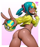 1girl ass bandeau blue_eyes border breasts canari_(pokemon) commentary_request dark-skinned_female dark_skin eyelashes gradient_background grin hajime_(wkpz8247) hand_up heart highres holding holding_poke_ball holding_with_gesture jacket legs_apart long_sleeves looking_back mask mask_pull mouth_mask nail_polish open_clothes open_jacket outside_border panties poke_ball pokemon pokemon_legends:_z-a quick_ball short_twintails smile solo teeth thong twintails underwear v white_border yellow_bandeau yellow_jacket yellow_nails rating:s score:9 post #10174057