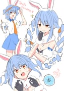 1girl :3 :d absurdres animal_ear_fluff animal_ears arm_up black_gloves black_leotard blue_hair blue_skirt blush braid breasts cleavage closed_mouth collared_shirt commentary_request cup detached_sleeves disposable_cup don-chan_(usada_pekora) dress drinking_straw english_text fur-trimmed_jacket fur_trim gloves hand_on_headwear highres holding holding_cup hololive jacket kiritoma leotard medium_breasts multicolored_hair multiple_views necktie orange_necktie puffy_short_sleeves puffy_sleeves rabbit-shaped_pupils rabbit_ears rabbit_girl rabbit_tail red_eyes shirt short_sleeves simple_background skirt small_sweatdrop smile sparkle strapless strapless_dress strapless_leotard sweat symbol-shaped_pupils tail translation_request twin_braids twintails two-tone_hair usada_pekora usada_pekora_(1st_costume) virtual_youtuber visor_cap white_background white_dress white_hair white_shirt white_sleeves rating:s score:7 post #10163000