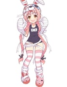 1girl absurdres animal-themed_footwear animal_hood bandages braid button_eyes buttons hashtag-only_commentary highres hood kuroha_koudai long_hair mimi_(halloween)_(princess_connect!) mimi_(princess_connect!) mittens name_tag pink_hair princess_connect! rabbit_hood school_swimsuit simple_background solo striped_clothes striped_thighhighs swimsuit thighhighs twin_braids yellow_eyes rating:s score:8 post #8773494