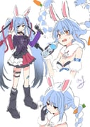 1girl absurdres animal_ear_fluff animal_ears bandaid bandaid_on_leg bare_shoulders black_boots black_gloves black_leotard black_shirt blue_hair boots bottle bow braid breasts carrot_hair_ornament closed_mouth commentary_request detached_sleeves don-chan_(usada_pekora) dress ear_piercing fishnet_socks fishnets floating_hair food-themed_hair_ornament fur-trimmed_gloves fur_trim gloves hair_bow hair_ornament hair_ribbon highres holding holding_bottle holding_microphone hololive kiritoma leotard long_hair long_sleeves microphone multicolored_hair multiple_views open_mouth piercing pleated_skirt puffy_long_sleeves puffy_short_sleeves puffy_sleeves purple_sleeves rabbit_ears red_ribbon red_skirt red_sleeves ribbon shirt short_sleeves signature simple_background single_fishnet_legwear skirt sleeves_past_wrists small_breasts socks strapless strapless_dress strapless_leotard twin_braids twintails two-tone_hair usada_pekora usada_pekora_(11th_costume) usada_pekora_(1st_costume) very_long_hair virtual_youtuber water_bottle wavy_mouth white_background white_bow white_dress white_hair white_sleeves rating:s score:6 post #10156268