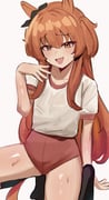 1girl absurdres animal_ears buruma hair_between_eyes highres horse_ears horse_girl horse_tail iog626 long_hair looking_at_viewer mayano_top_gun_(umamusume) open_mouth orange_eyes orange_hair original_race_uniform_(umamusume) red_buruma shirt short_sleeves simple_background smile solo sweat tail thighs two_side_up umamusume wet wet_clothes wet_shirt white_background white_shirt rating:s score:7 post #10174560