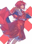 1girl ahoge bow bowtie braid braided_ponytail cloak commentary cross_background foreshortening hair_bow highres long_hair long_sleeves looking_at_viewer okazaki_yumemi petticoat reaching reaching_towards_viewer red_bow red_bowtie red_cloak red_eyes red_hair red_shoes red_skirt red_vest shirt shirt_tucked_in shoes skirt skirt_set socks solo symbol-only_commentary touhou touhou_(pc-98) vest white_bow white_shirt white_socks zsefvgy rating:g score:0 post #10175855