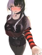 1girl absurdres black_choker black_dress black_hair black_shirt black_skirt blush breasts character_print choker dress grey_hair grey_pantyhose highres hololive hololive_english large_breasts layered_sleeves long_hair long_sleeves miniskirt multicolored_hair nose_blush orange_sleeves pantyhose shiori_novella shirt short_over_long_sleeves short_sleeves simple_background skirt solo split-color_hair striped_sleeves sweat two-tone_hair virtual_youtuber white_background yellow_eyes yorick_(shiori_novella) yotamono rating:s score:9 post #10170969
