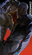 2boys absurdres belt black_robe blue_belt brown_hair buzz_cut cassock commission cross cross_print dark-skinned_male dark_skin dio_brando earrings enrico_pucci eye_contact face-to-face facial_hair hand_on_another's_face hashtag-only_commentary high_collar highres jewangchobab jewelry jojo_no_kimyou_na_bouken long_hair looking_at_another male_focus multiple_boys muscular muscular_male nipples parted_lips pectorals priest red_background robe scar scar_on_neck short_hair stone_ocean teeth time_paradox topless_male very_short_hair white_hair yaoi yellow_eyes rating:s score:0 post #10173240