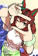 1girl animal_ears blush bow breasts brown_eyes brown_hair ear_bow ear_covers ear_ornament ear_ribbon green_bow highres horse_ears horse_girl horse_tail long_hair long_sleeves looking_at_viewer medium_hair multicolored_hair navel nice_nature_(umamusume) okachi open_mouth shirt solo streaked_hair tail twintails umamusume rating:s score:6 post #10174203