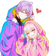 1boy 1other akiyama_mizuki androgynous blue_hair closed_mouth commentary_request drawstring earrings hands_up heart highres hood hood_up hoodie jewelry kamishiro_rui long_sleeves looking_at_viewer mofu_(mofbatyu) multicolored_hair open_mouth pink_eyes pink_hair pink_hoodie project_sekai purple_hair purple_hoodie short_hair simple_background streaked_hair stud_earrings turtleneck two-tone_hair upper_body white_background yellow_eyes rating:g score:0 post #10167391