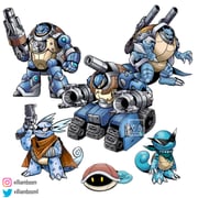 bandana beam_cannon blastoise cape caterpillar_tracks claws digimon evolutionary_line gun highres mecha mega_blastoise pokemon revolver robot scar scar_across_eye scar_on_face shell squirtle sunglasses tail turtle villiam_boom wartortle weapon white_background rating:g score:6 post #10140886