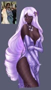 1girl absurdres alternate_costume anok_yai anok_yai_(cosplay) artist_name bare_shoulders blush bracelet breasts cleavage_cutout clothing_cutout commentary cosplay cropped_legs dark-skinned_female dark_skin diamond_(gemstone) diamond_earrings diamond_necklace diamond_ring dress earrings elbow_gloves english_commentary evening_gown fishnet_pantyhose fishnets formal_clothes glitter glitter_dress gloves grey_background hair_ornament hand_on_own_arm highres jacinthe_(pokemon) jewelry large_breasts lilys_dollhouse long_hair looking_at_viewer low_drills met_gala necklace ornate_ring pantyhose parted_lips photo-referenced photo_inset plunging_neckline pokemon pokemon_legends:_z-a purple_dress purple_gloves real_life real_life_insert reference_inset ring ringlets side_slit simple_background solo sparkle standing strapless strapless_dress swept_bangs thighs very_dark_skin very_long_hair rating:s score:38 post #10141020