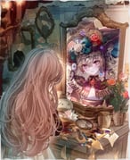 1girl :| analog_clock aqua_bow black_ribbon bow bowtie broken_mirror broken_pencil brooch brown_hair center-flap_bangs chandelier clock closed_mouth colored_pencil commentary_request covering_face curtains different_reflection drawing_(object) dress drill_hair earrings expressionless facing_away flower food frilled_shirt_collar frills from_behind fruit fruit_brooch fruit_hat_ornament gem glint grey_hair hair_ribbon hand_mirror hat hat_bow hat_flower hat_ribbon highres indoors jewelry komorihikki lace-trimmed_headwear lace_trim layered_sleeves lolita_fashion long_hair long_sleeves looking_at_another low_twintails mirror mismatched_earrings neck_ribbon original pencil picture_frame pink_flower pink_rose pomegranate portrait_(object) puffy_long_sleeves puffy_sleeves purple_bow purple_bowtie purple_eyes purple_flower purple_gemstone purple_hat purple_ribbon purple_sleeves reflection reflection_focus ribbon rose shirt shrug_(clothing) sketchbook solo table torn_paper twin_drills twintails upper_body vanity_table vase violet_(flower) white_dress white_shirt witch witch_hat rating:g score:2 post #9834293