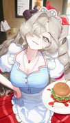 1girl @_@ absurdres apron aqua_(eos8012) blue_shirt blurry blurry_background blush breasts burger cleavage cowboy_shot drill_hair film_grain food green_eyes grey_hair hair_over_one_eye hand_on_own_hip head_tilt highres holding holding_plate horns indoors jewelry large_breasts looking_at_viewer makasha_(trickcal) multicolored_eyes one_side_up pendant pink_eyes plate puffy_short_sleeves puffy_sleeves red_skirt shirt short_sleeves single_drill single_horn skirt solo trickcal waist_apron waitress yellow_eyes rating:s score:0 post #10177058