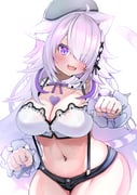 1girl ahoge animal_ear_fluff animal_ears beret black_hat black_shorts breasts cat_ears cat_girl cat_tail chest_tattoo cleavage hair_over_one_eye hat heart heart_tattoo highres hololive kajimakoto large_breasts looking_at_viewer nail_polish navel nekomata_okayu nekomata_okayu_(wonderland) official_alternate_costume official_alternate_hair_length official_alternate_hairstyle open_mouth paw_pose purple_eyes purple_hair purple_nails short_shorts shorts solo strapless suspender_shorts suspenders tail tattoo tube_top virtual_youtuber white_tube_top rating:s score:9 post #10175577