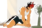 1boy animal_ears barefoot black_choker black_hair black_shorts choker dog_boy doyo1018 electric_fan full_body hashtag-only_commentary highres hot komano_manato male_focus multicolored_hair muscular muscular_male pectoral_cleavage pectorals red_hair scar scar_on_arm shorts solo tail tank_top toes two-tone_hair white_tank_top zenless_zone_zero rating:s score:3 post #10176418