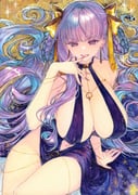 1girl bare_shoulders bb_(fate) bb_dubai_(fate) belly_chain black_dress blush bracelet braid braided_hair_rings breasts chikinan_tarou cleavage covered_nipples dress fate/grand_order fate_(series) hair_ribbon hair_rings highres jewelry large_breasts long_hair looking_at_viewer navel necklace open_mouth painting_(medium) plunging_neckline purple_eyes purple_hair ribbon side_slit sideboob sitting smile solo sparkle thighs traditional_media twin_braids very_long_hair watercolor_(medium) yellow_ribbon rating:q score:21 post #10173782