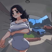 1girl :> animated bags_under_eyes black_eyes black_hair breasts building camera_pov car covered_nipples door doorbell fisheye furrowed_brow grass grin highres house jeon_jae-soon_(goarosa) lamppost large_breasts long_hair looking_at_viewer messy_hair moohyungking motor_vehicle no_bra off-shoulder_shirt off_shoulder open_mouth original outdoors parted_lips shirt short_sleeves sky smile solo standing teeth thick_eyebrows ugoira wavy_hair white_shirt rating:q score:4 post #10175698