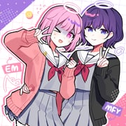 2girls ;d angel_wings asahina_mafuyu black_cardigan blue_eyes blue_shirt blue_skirt cardigan commentary_request fake_halo fake_wings grey_serafuku halo long_sleeves miyamasuzaka_girls'_academy_school_uniform multiple_girls neckerchief one_eye_closed ootori_emu pink_cardigan pink_eyes pink_hair project_sekai purple_hair red_neckerchief sailor_collar school_uniform serafuku shirt short_hair skirt smile v waka_(wk4444) wings rating:g score:1 post #10159524
