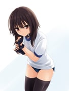 1girl black_gloves blue_background blue_buruma blush brown_collar brown_hair brown_thighhighs buruma cameltoe closed_mouth collar commentary_request fingerless_gloves gloves gym_shirt gym_uniform hair_between_eyes hands_up highres kono_subarashii_sekai_ni_shukufuku_wo! leaning_forward long_hair looking_at_viewer megumin nonaka_ritsu red_eyes shirt short_sleeves solo thighhighs two-tone_background v-shaped_eyebrows white_background white_shirt rating:s score:22 post #10162036