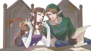 1boy 1girl armor blonde_hair blue_eyes blue_gemstone breasts brown_gloves brown_hair chair cleavage crown dress earrings elbow_gloves finger_to_mouth fingerless_gloves gem gloves green_hair green_tunic grey_shirt hair_ribbon highres holding holding_paper holding_quill jewelry kurokawa_karasu link long_hair medium_breasts paper parted_bangs parted_lips phrygian_cap pointy_ears princess_zelda purple_dress quill ribbon shirt short_hair shoulder_armor sidelocks sitting swept_bangs table the_legend_of_zelda the_legend_of_zelda:_twilight_princess tunic upper_body white_background white_gloves white_ribbon rating:g score:14 post #10145825