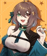 1girl :3 :d ahoge black_capelet blue_hair blue_nails bow braid breasts brown_eyes brown_hair capelet chest_belt chest_harness collar colored_inner_hair commentary cross-shaped_pupils detached_sleeves dress fang green_bow green_collar green_dress green_eyes green_necktie green_sleeves hair_between_eyes hair_bow hair_flaps hair_ornament half_capelet hand_up harness heterochromia highres indie_virtual_youtuber juliet_sleeves long_sleeves looking_at_viewer medium_breasts medium_hair meica_(vtuber) meica_(vtuber)_(1st_costume) mismatched_pupils multicolored_hair necktie open_mouth orange_background pendant_choker puffy_sleeves shirt single-shoulder_shirt single_bare_shoulder single_braid smile spanish_commentary sprout-shaped_pupils sprout_pendant star_(symbol) star_hair_ornament symbol-shaped_pupils underbust virtual_youtuber white_shirt yasao_(y05a8) rating:g score:2 post #10175284